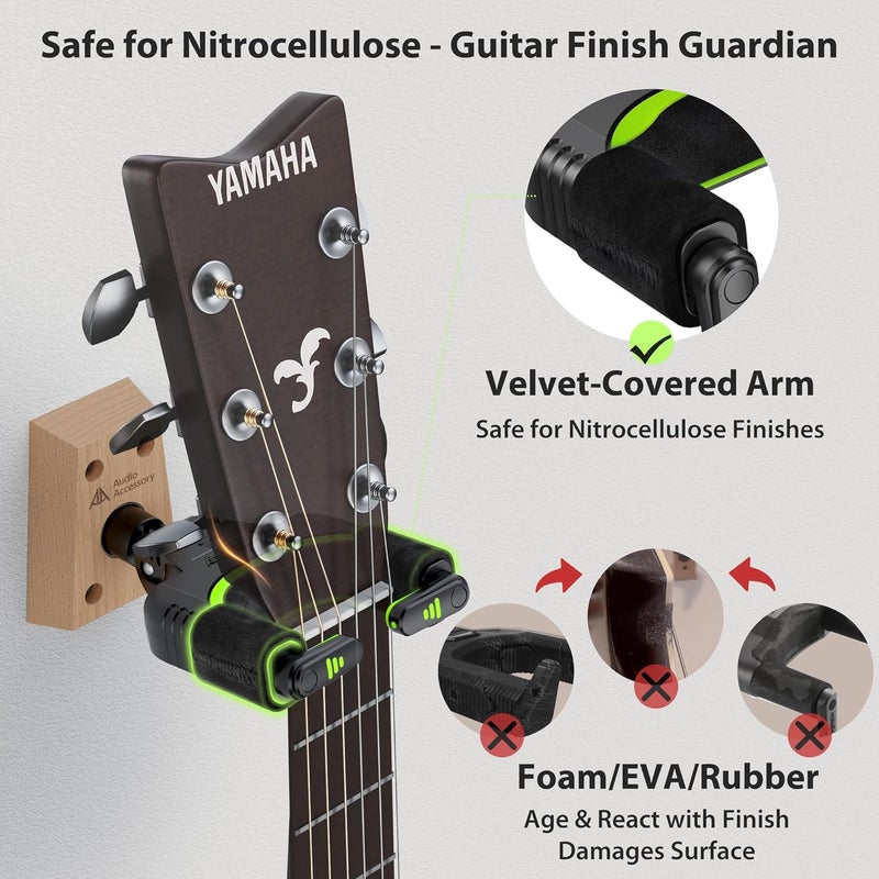 AA AUDIO ACCESSORY Guitar Wall Mount Autolock - Nitro-Safe Velvet Hook, Never Fall Off Design 4-Screw Beech Wood Locking Guitar Wall Hangers for Bass, Acoustic, Classical, Folk Guitar and Mandolin - Image 2